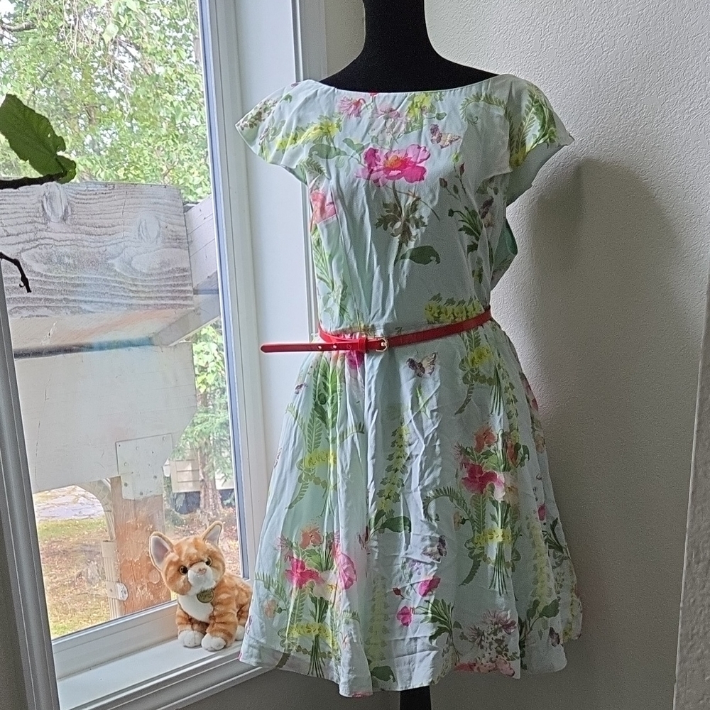 Ted Baker KDress with Floral Print and Red Belt